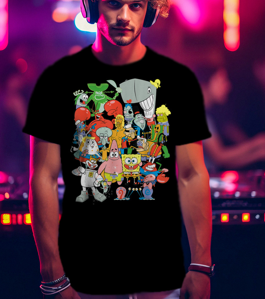 SpongeBob SquarePants Character Collage Featuring Patrick, Squidward, Sandy, Mr. Krabs, Plankton, And More T-Shirt