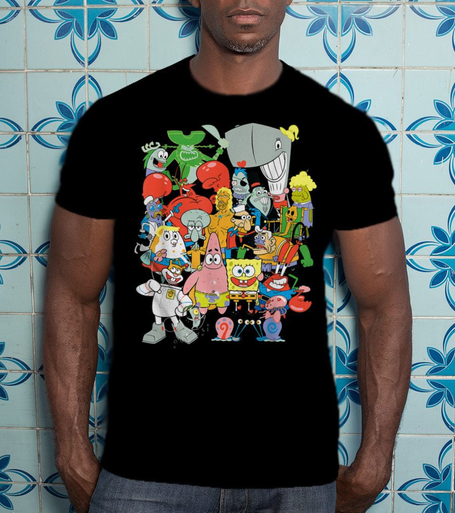 SpongeBob SquarePants Character Collage Featuring Patrick, Squidward, Sandy, Mr. Krabs, Plankton, And More T-Shirt