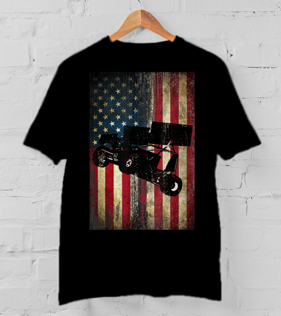 Distressed American Flag With Sprint Car Racing T-Shirt