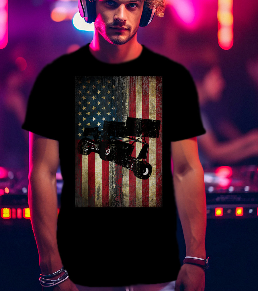 Distressed American Flag With Sprint Car Racing T-Shirt
