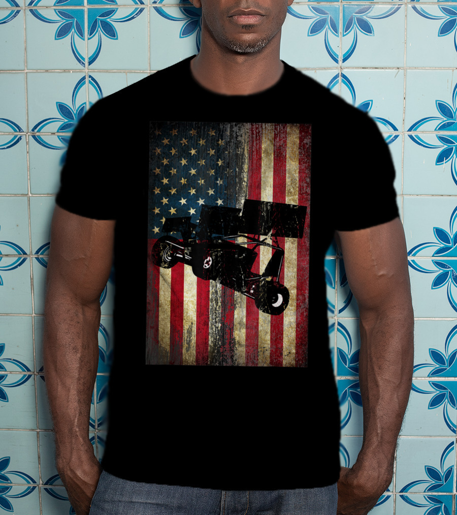 Distressed American Flag With Sprint Car Racing T-Shirt