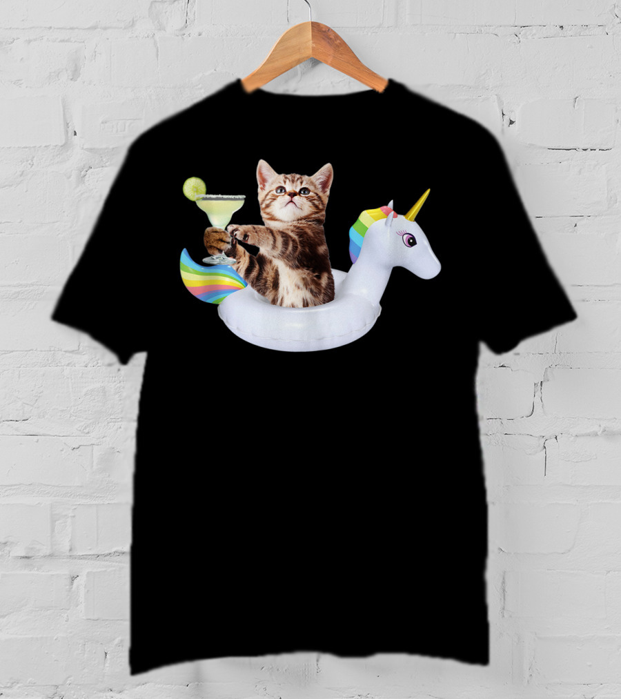 Kitty With Margarita On Rainbow Unicorn Float T-Shirt