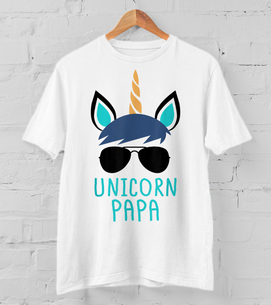 Unicorn Papa Sunglasses Blue Mane Horn Ears T-Shirt