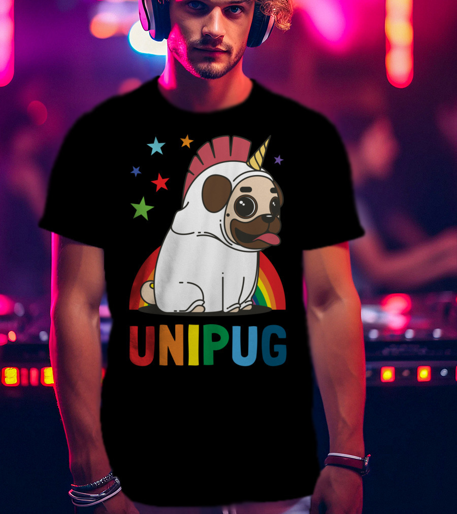 UNIPUG Rainbow Unicorn Pug Dog With Stars T-Shirt