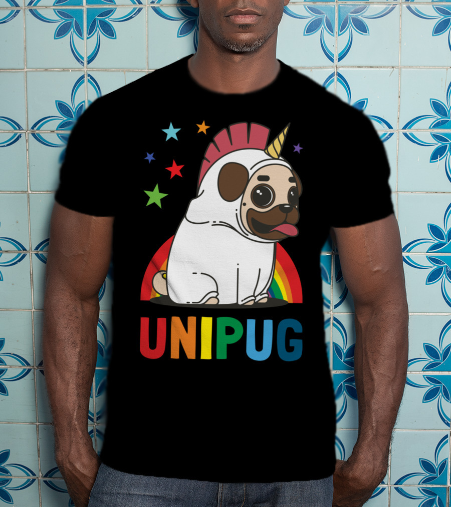 UNIPUG Rainbow Unicorn Pug Dog With Stars T-Shirt