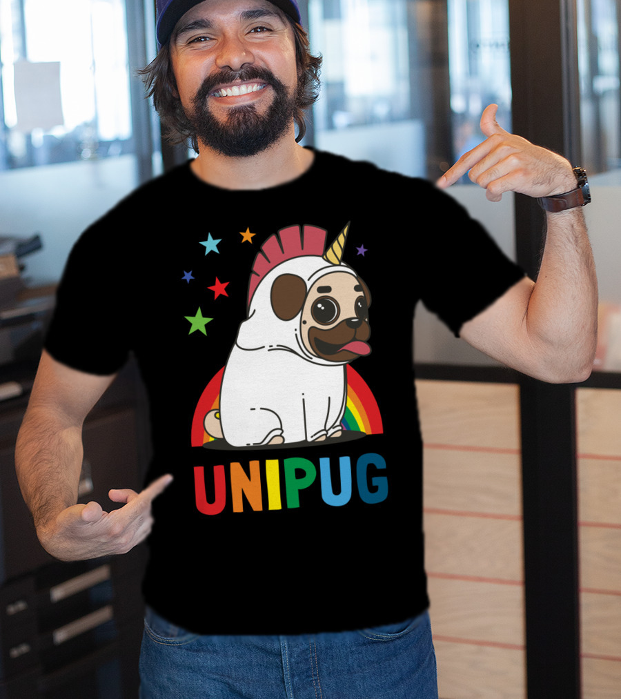 UNIPUG Rainbow Unicorn Pug Dog With Stars T-Shirt