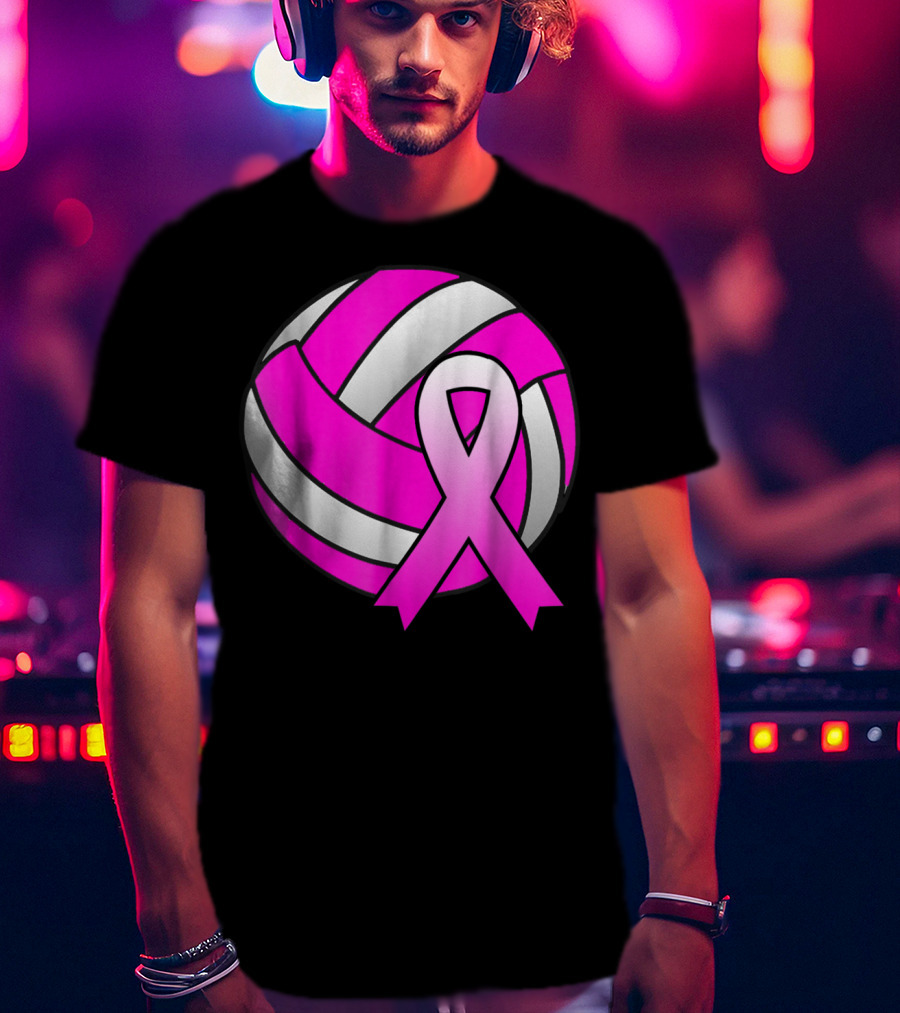 Volleyball Pink Ribbon Breast Cancer Awareness Symbol On Ball T-Shirt