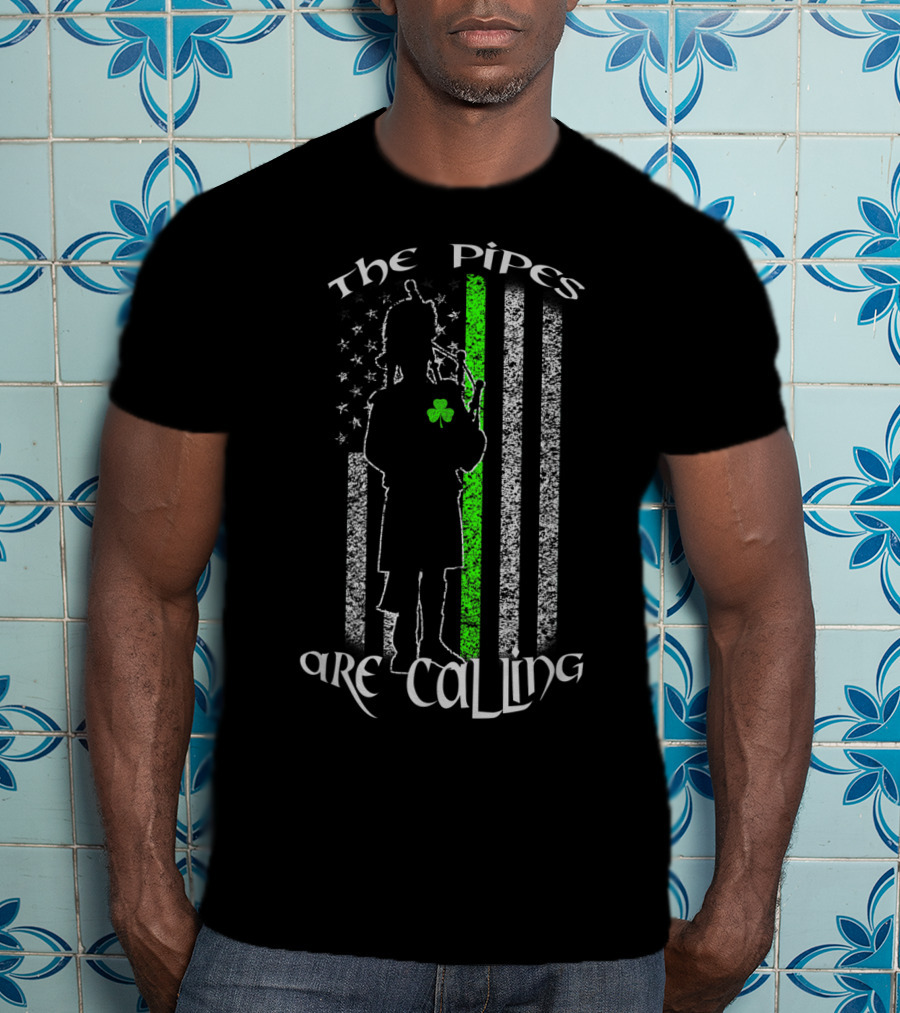 The Pipes Are Calling Saint Patrick's Day Bagpipe Silhouette And Shamrock Flag T-Shirt