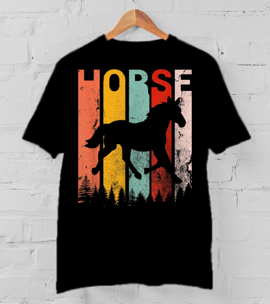 Vintage Style Horse Lover Silhouette With Colorful Stripes And Forest T-Shirt
