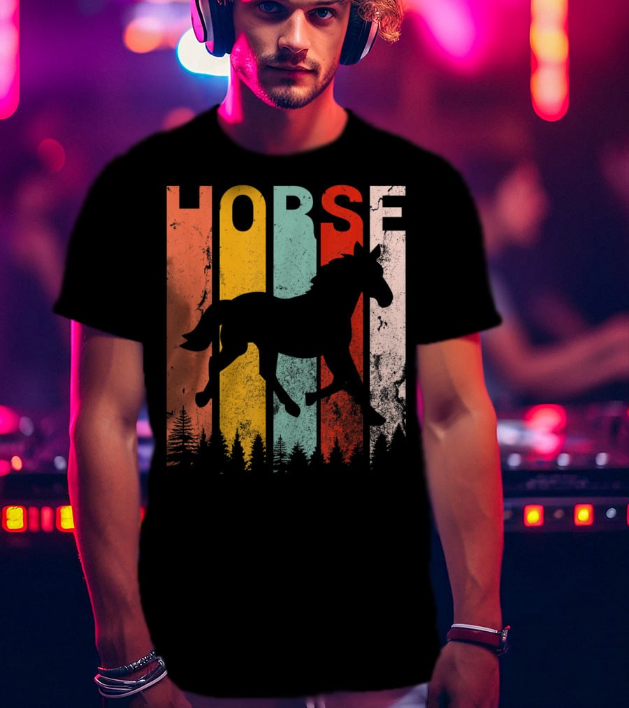 Vintage Style Horse Lover Silhouette With Colorful Stripes And Forest T-Shirt