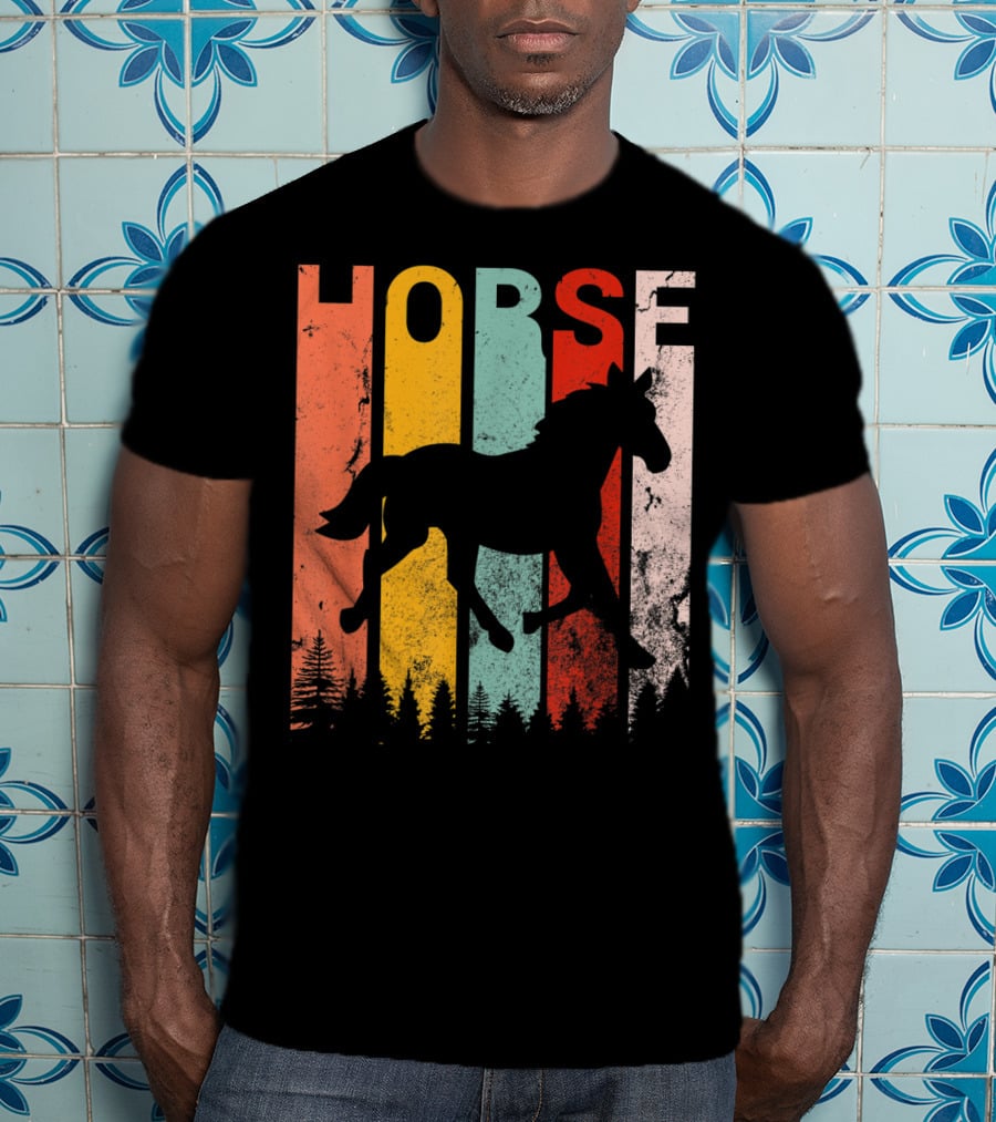 Vintage Style Horse Lover Silhouette With Colorful Stripes And Forest T-Shirt