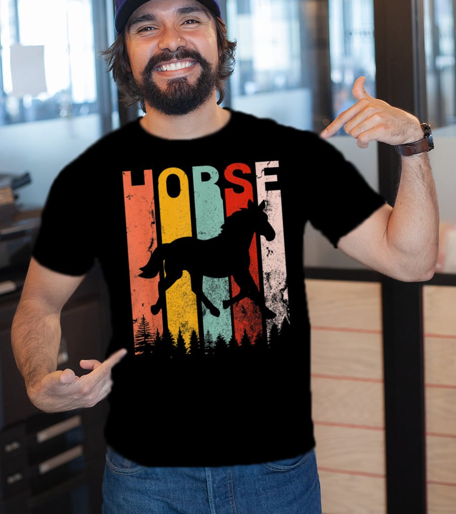 Vintage Style Horse Lover Silhouette With Colorful Stripes And Forest T-Shirt