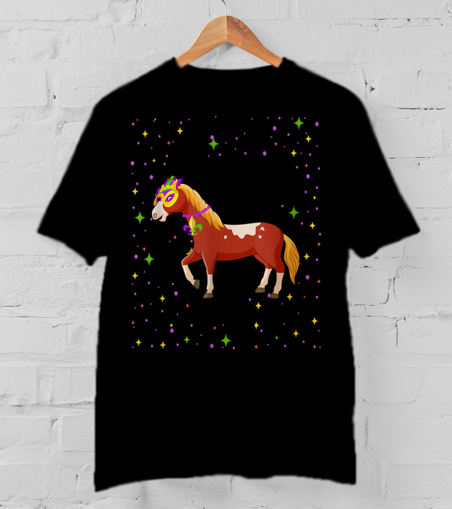 Mardi Gras Horse Wearing Mask And Beads With Colorful Stars T-Shirt