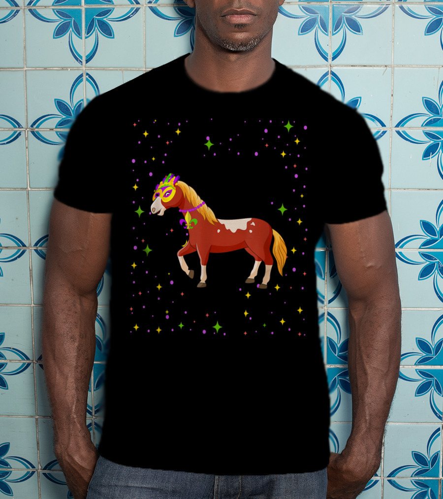 Mardi Gras Horse Wearing Mask And Beads With Colorful Stars T-Shirt
