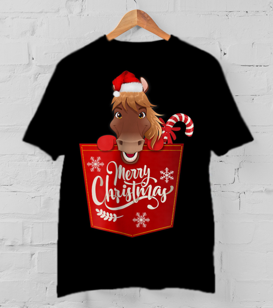Merry Christmas Santa Hat Horse Candy Cane Funny Pocket T-Shirt