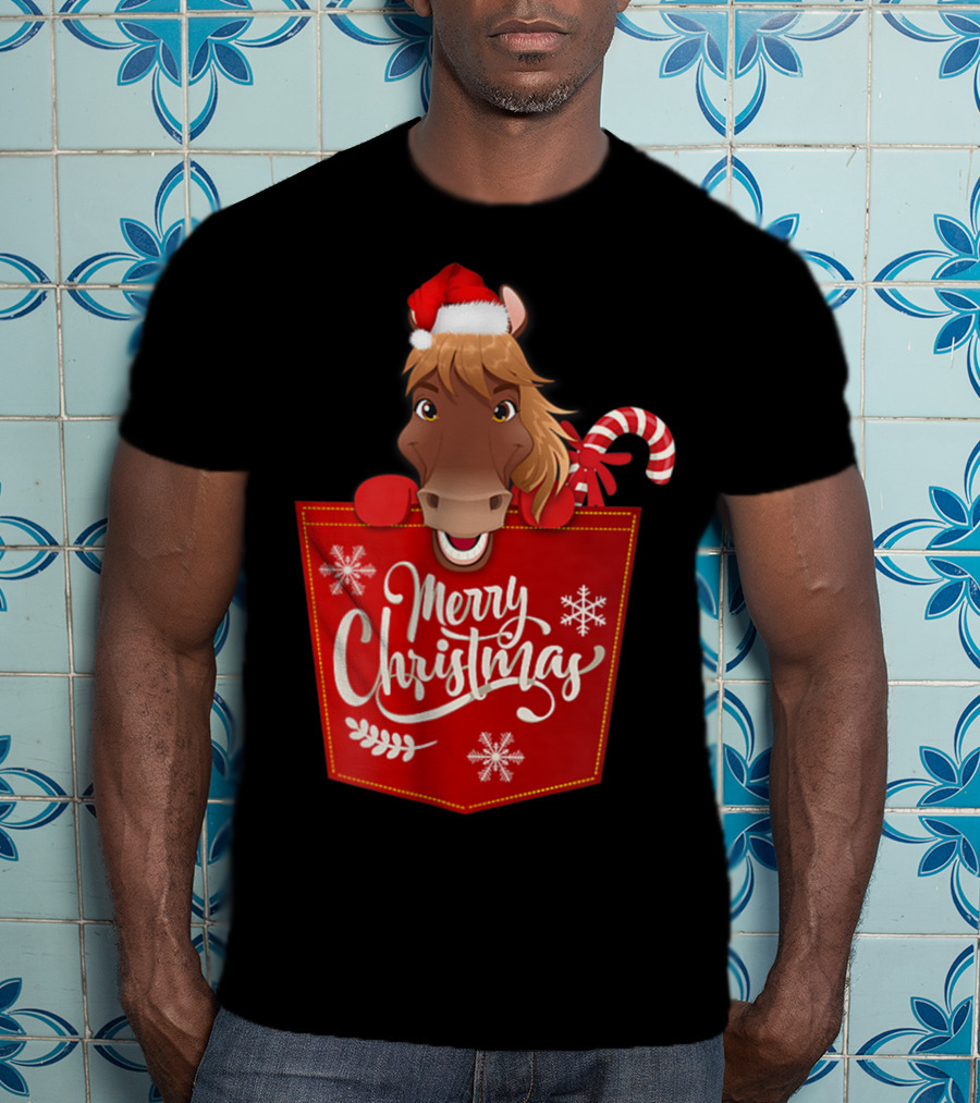 Merry Christmas Santa Hat Horse Candy Cane Funny Pocket T-Shirt