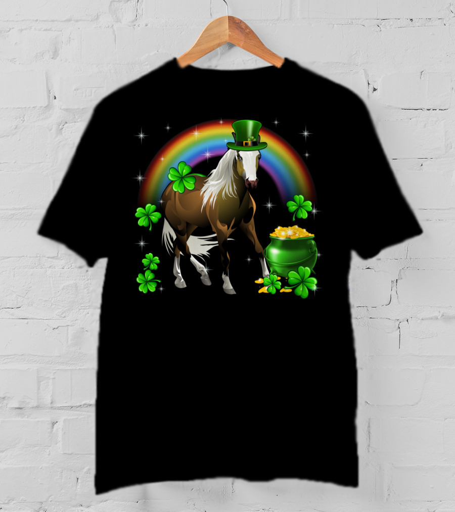 Lucky St Patricks Day Horse With Shamrocks And Rainbow T-Shirt