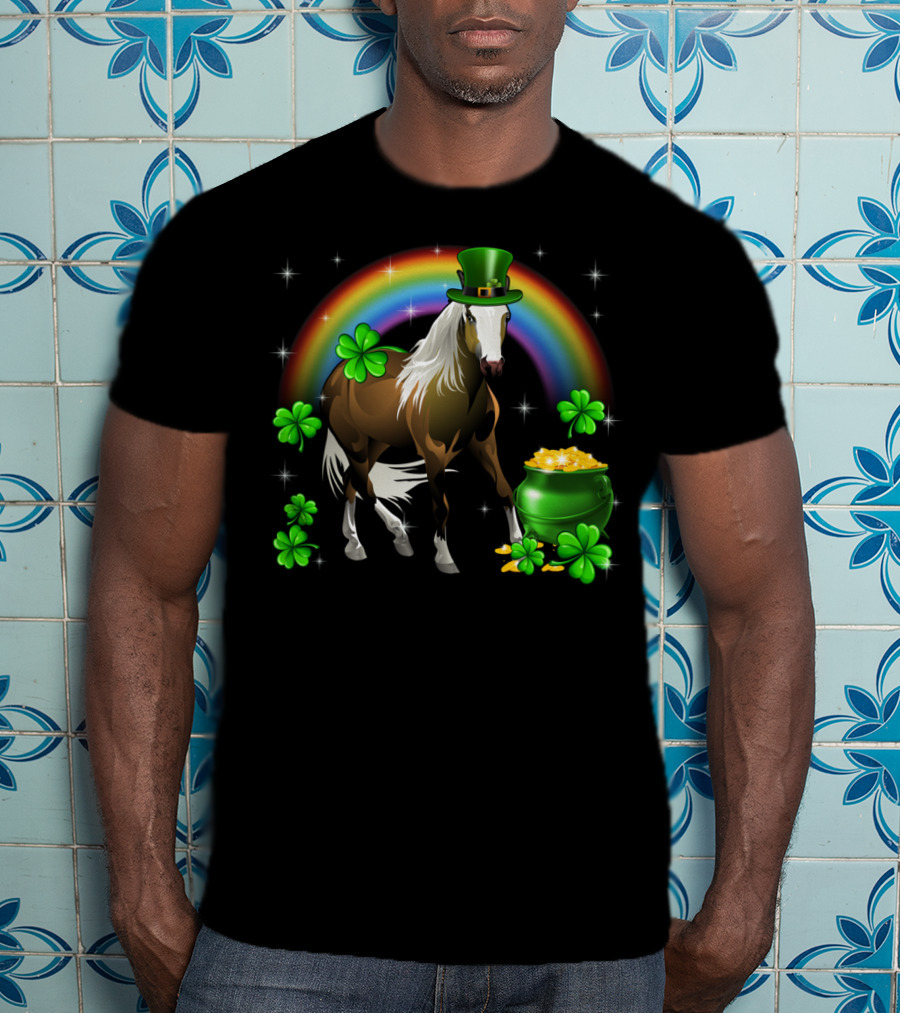 Lucky St Patricks Day Horse With Shamrocks And Rainbow T-Shirt