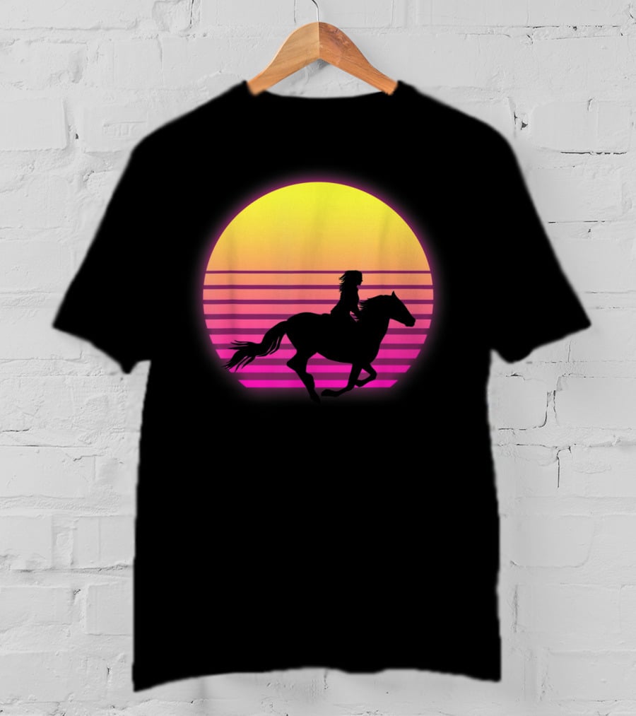 Vintage Sunset Girl Horse Riding Silhouette Retro Cool Horse T-Shirt