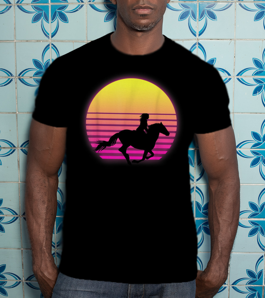 Vintage Sunset Girl Horse Riding Silhouette Retro Cool Horse T-Shirt