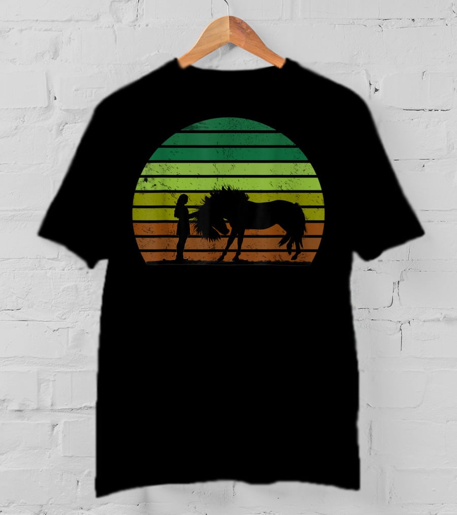 Girl And Horse Silhouette Sunset Stripes T-Shirt