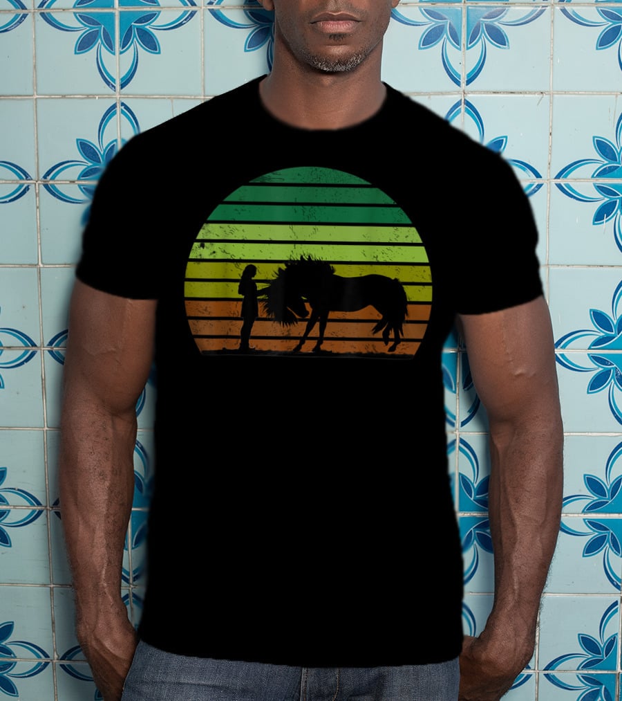 Girl And Horse Silhouette Sunset Stripes T-Shirt
