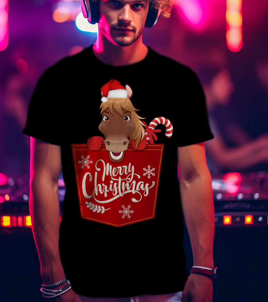 Funny Horse In Santa Hat With Candy Cane Merry Christmas Crewneck T-Shirt