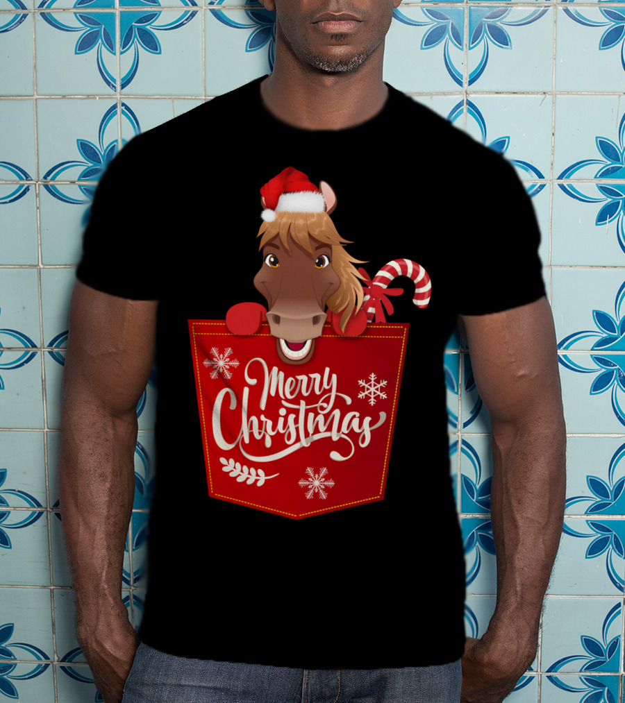 Funny Horse In Santa Hat With Candy Cane Merry Christmas Crewneck T-Shirt