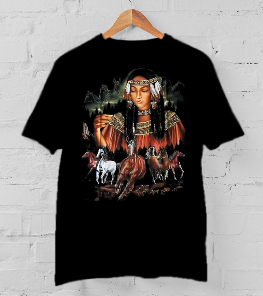 Native American Girl With Horses And Tribal Elements T-Shirt