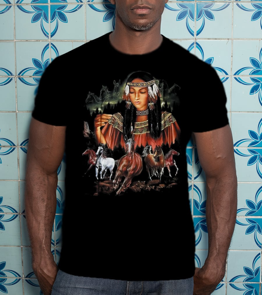 Native American Girl With Horses And Tribal Elements T-Shirt