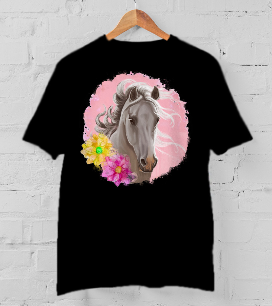 Gorgeous Horse With Vibrant Flowers On Pink Background T-Shirt