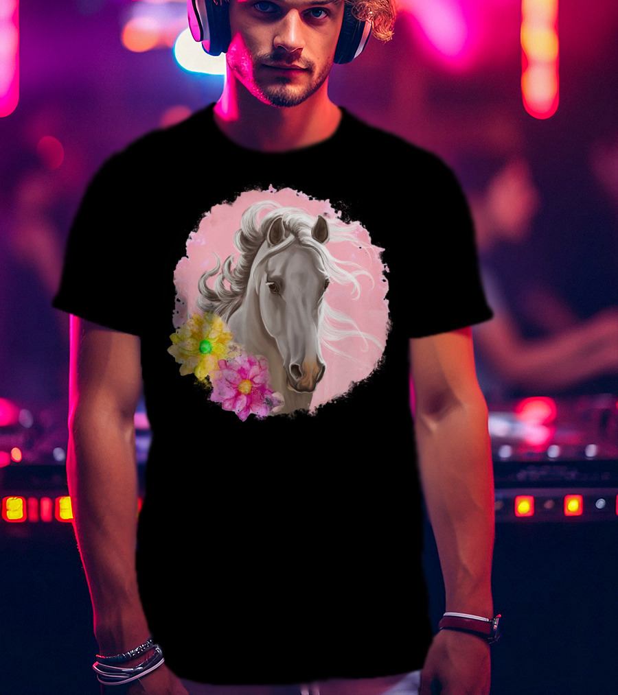 Gorgeous Horse With Vibrant Flowers On Pink Background T-Shirt