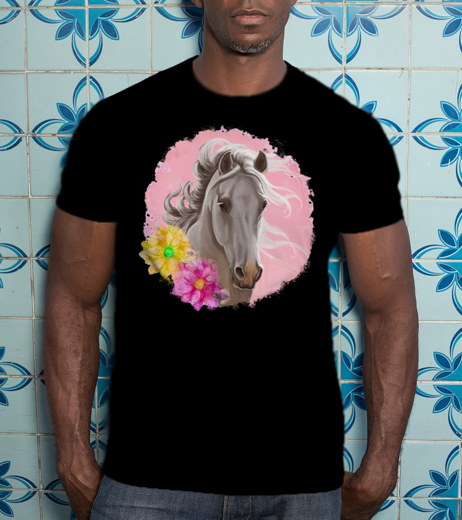 Gorgeous Horse With Vibrant Flowers On Pink Background T-Shirt