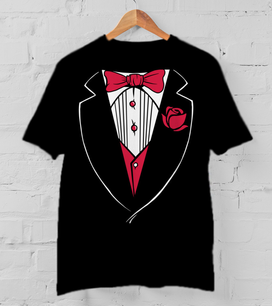 Classic Tuxedo Rose Bowtie Wedding Party Bachelor Costume T-Shirt