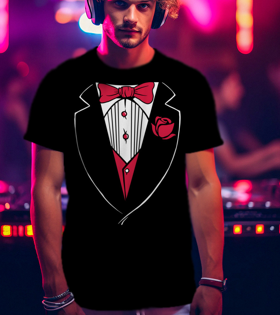 Classic Tuxedo Rose Bowtie Wedding Party Bachelor Costume T-Shirt