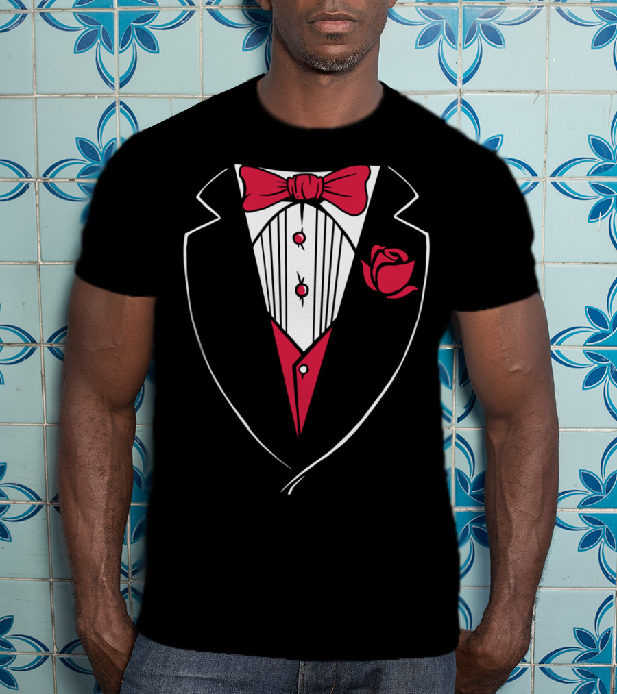 Classic Tuxedo Rose Bowtie Wedding Party Bachelor Costume T-Shirt