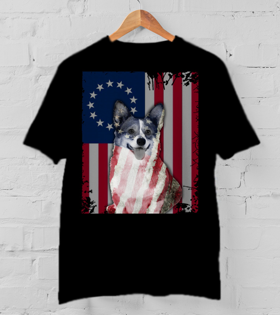 Corgi Betsy Ross US American Flag Costume With Stars And Stripes Background T-Shirt