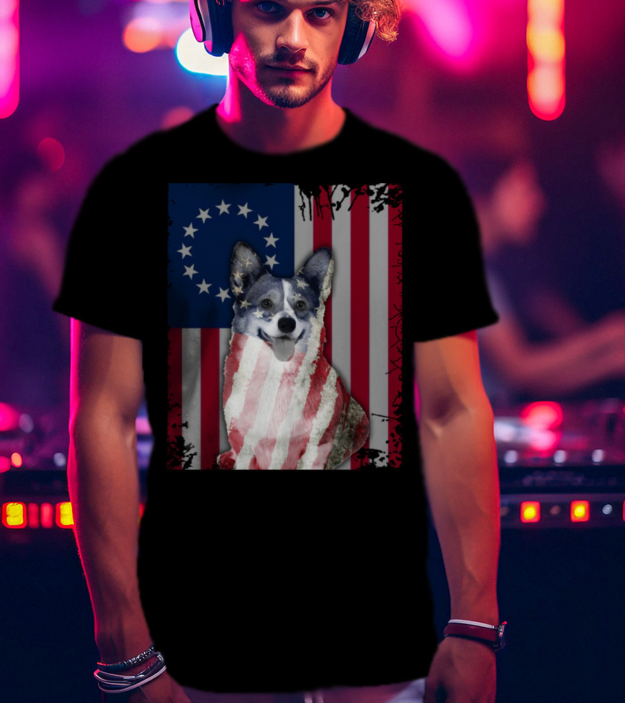 Corgi Betsy Ross US American Flag Costume With Stars And Stripes Background T-Shirt
