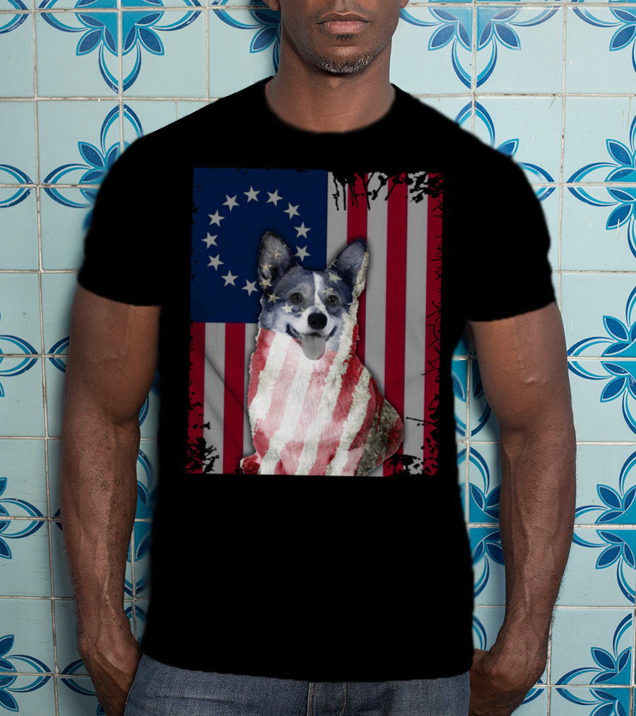 Corgi Betsy Ross US American Flag Costume With Stars And Stripes Background T-Shirt