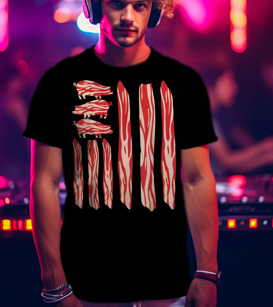 Funny Vintage Bacon Flag With Pig T-Shirt