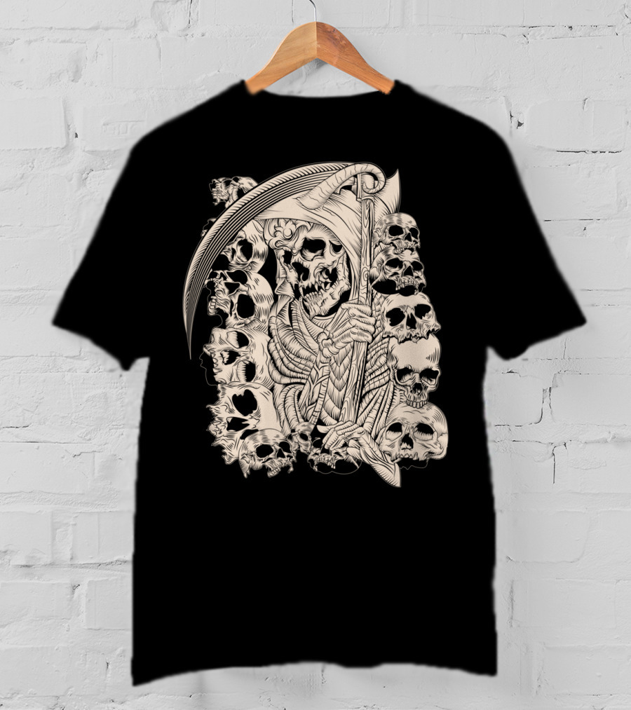 Grim Reaper Skull Scythe Classic Ink Drawing T-Shirt