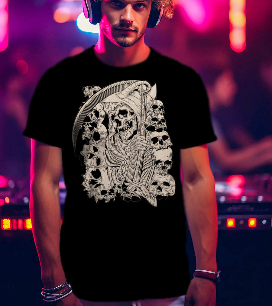 Grim Reaper Skull Scythe Classic Ink Drawing T-Shirt