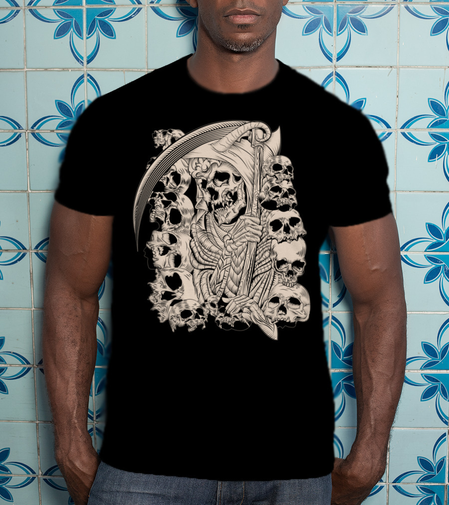 Grim Reaper Skull Scythe Classic Ink Drawing T-Shirt