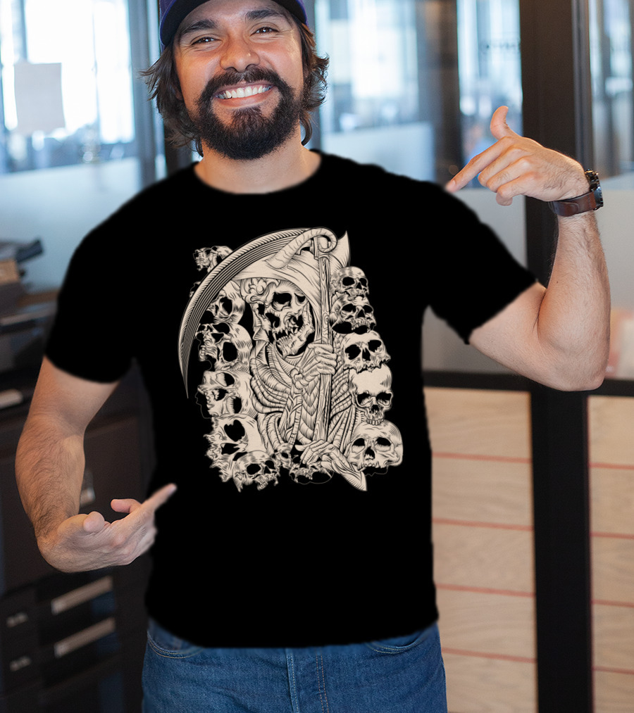 Grim Reaper Skull Scythe Classic Ink Drawing T-Shirt