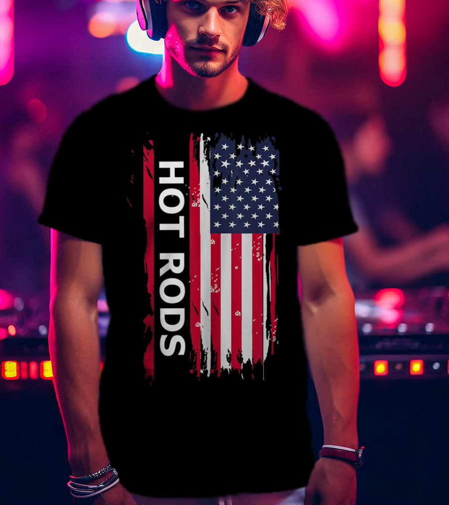 HOT RODS American Flag Classic Muscle Cars T-Shirt