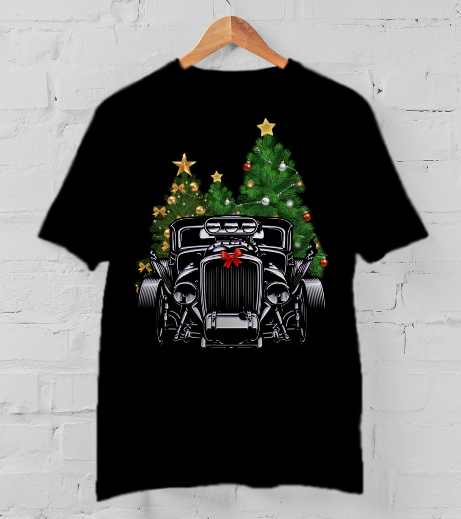 Classic American Hot Rod Christmas Tree Scene T-Shirt