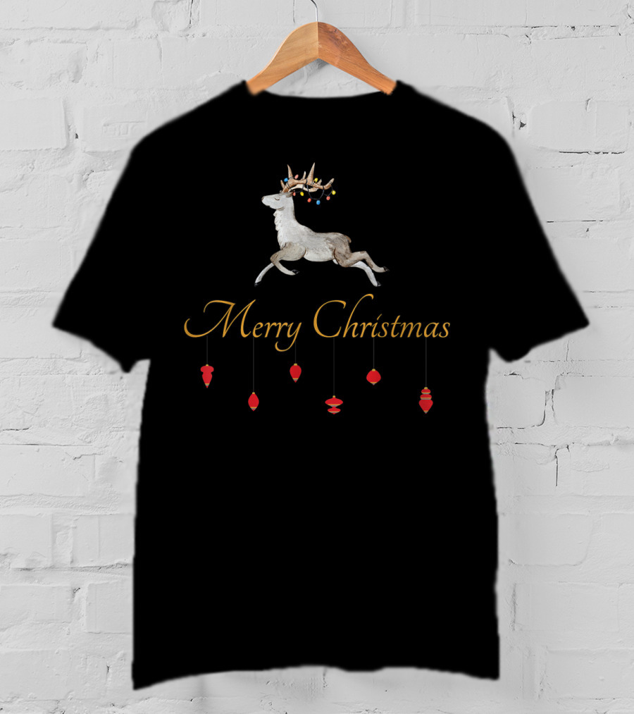 Merry Christmas Prancing Reindeer With Ornaments T-Shirt