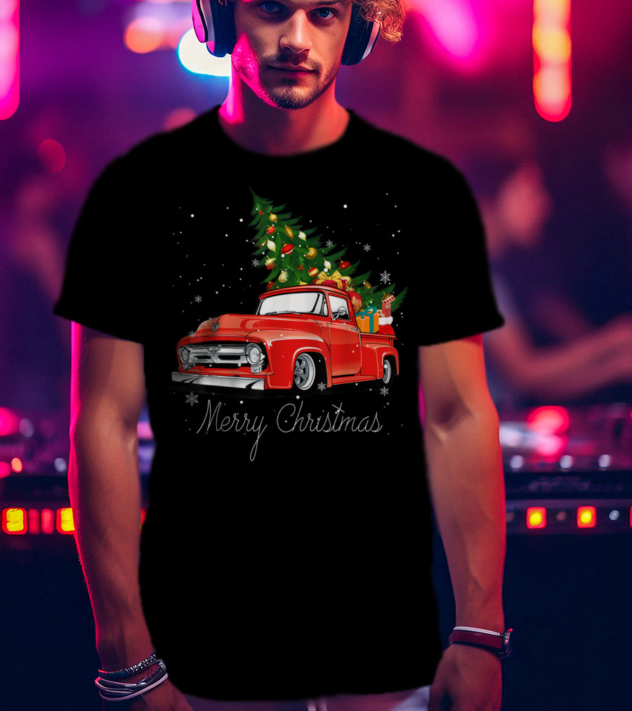 Merry Christmas Red Truck With Christmas Tree And Gifts In Snow T-Shirt