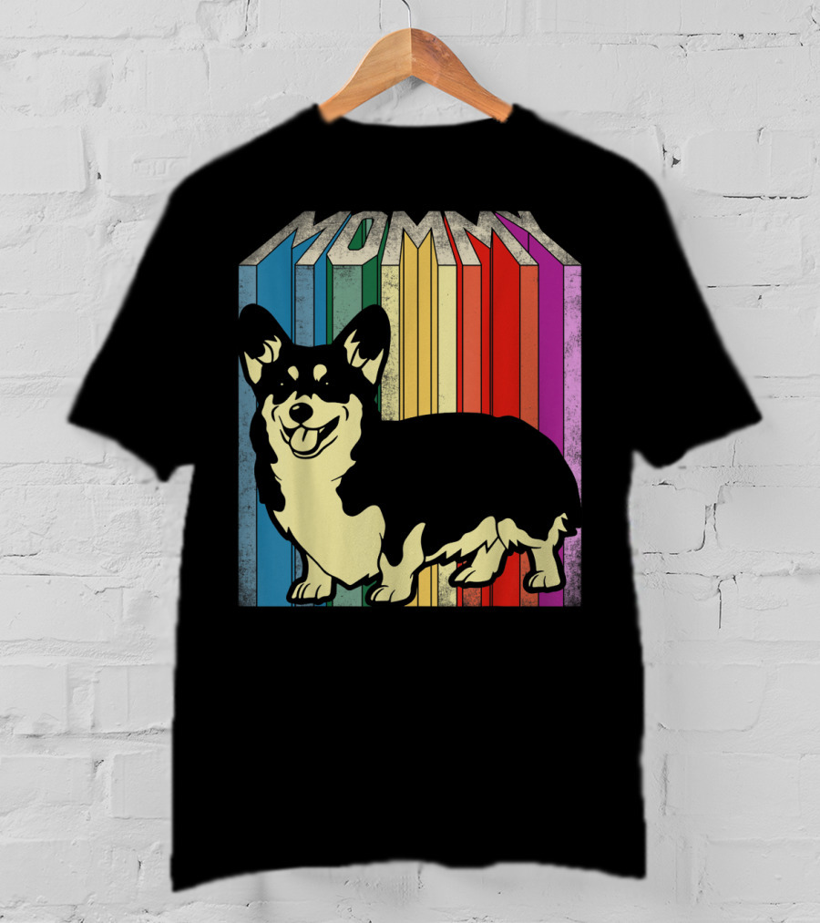 MOMMY Corgi Dog Vintage Rainbow Stripes T-Shirt