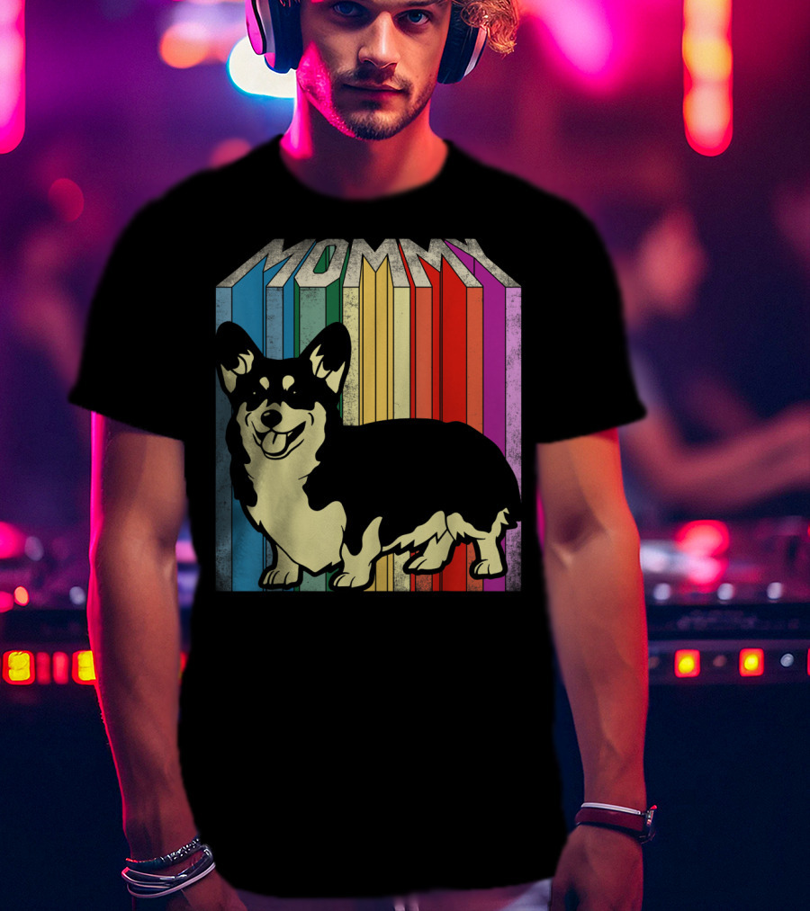 MOMMY Corgi Dog Vintage Rainbow Stripes T-Shirt